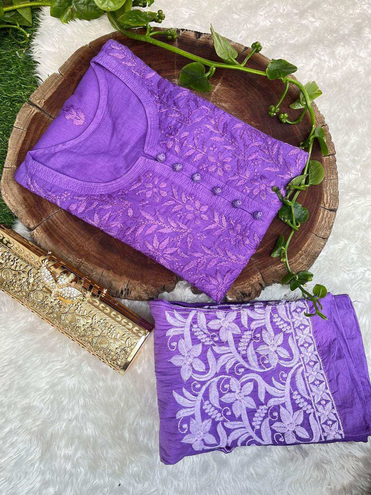 Purple Graceful Cotton Chikankari Work Set: Kurti + Pant up to 6 XL ++ Sizes - Inayakhan Shop 