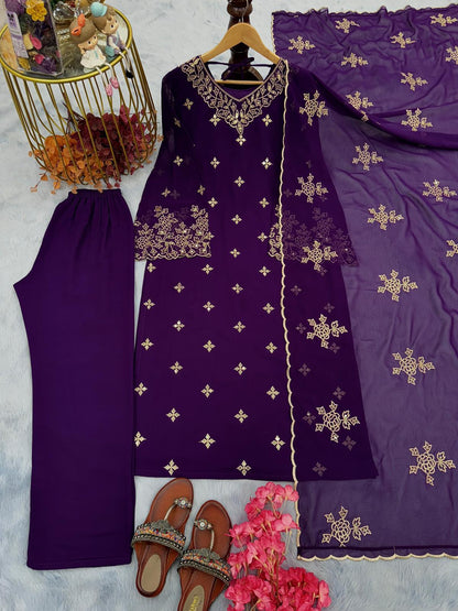 Purple Inayakhan Designer Party Wear Faux Georgette Top, Plazzo, and Dupatta Set - Inayakhan Shop 