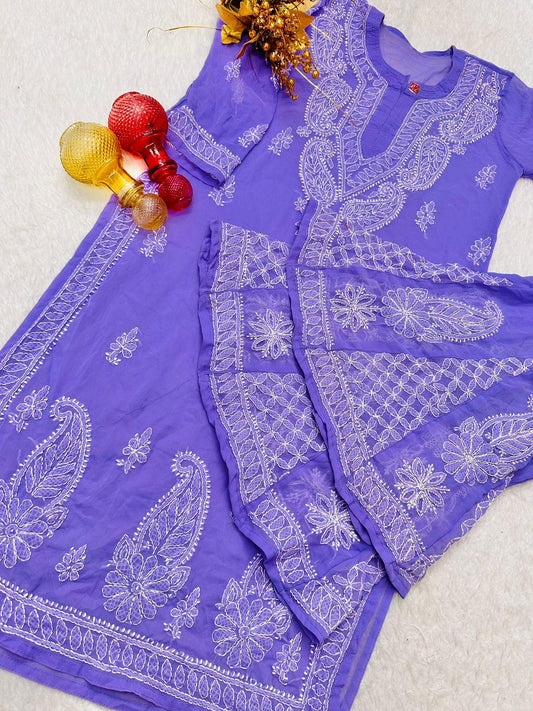 Purple Lucknawi Chikankari Georgette Kurti and Sharara Set , Dupatta and Inner Included - Inayakhan Shop 
