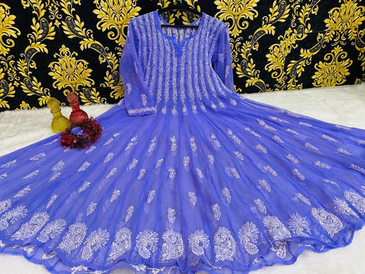 Purple Lucknow Chikankari Anarkali Gown 56 inch Kali - Inayakhan Shop 