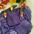 Purple Lucknow Chikankari Hand Work Dobby Cotton Tone-to-Tone 3-Piece Co-ord Palazzo Set with Chiffon Dupatta