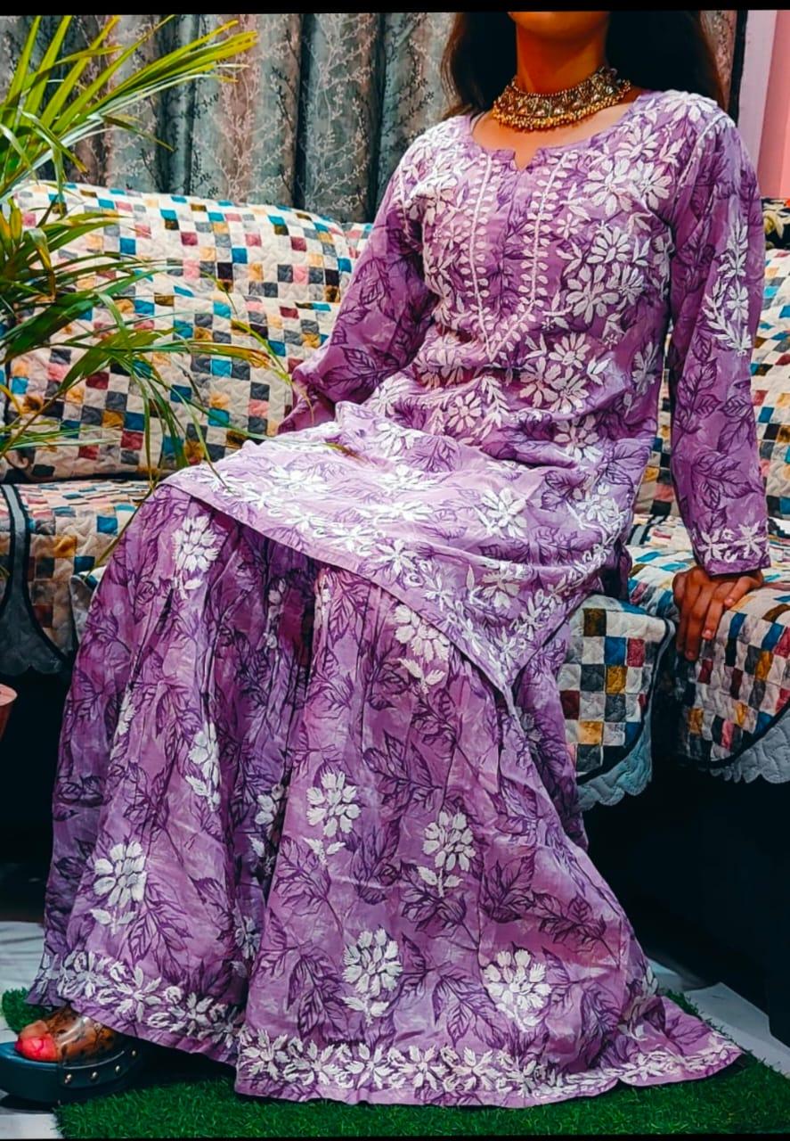 Purple Mulmul Floral Printed Lucknow Chikankari Kurti & Gharara Set - Inayakhan Shop 