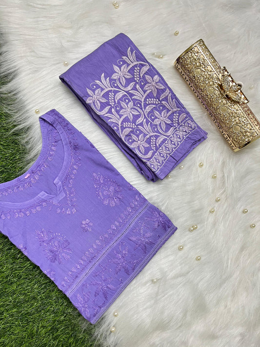 Purple New Designer Lace Pattern Kurti Set in Cotton Chikankari Handwork - Inayakhan Shop 