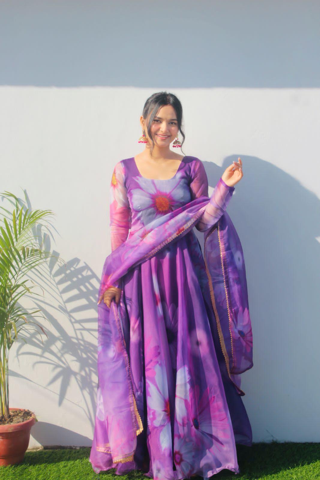 Purple 🌟 Opulent Organza Silk Gown with Digital Print and Handwork 🌟 - Inayakhan Shop 