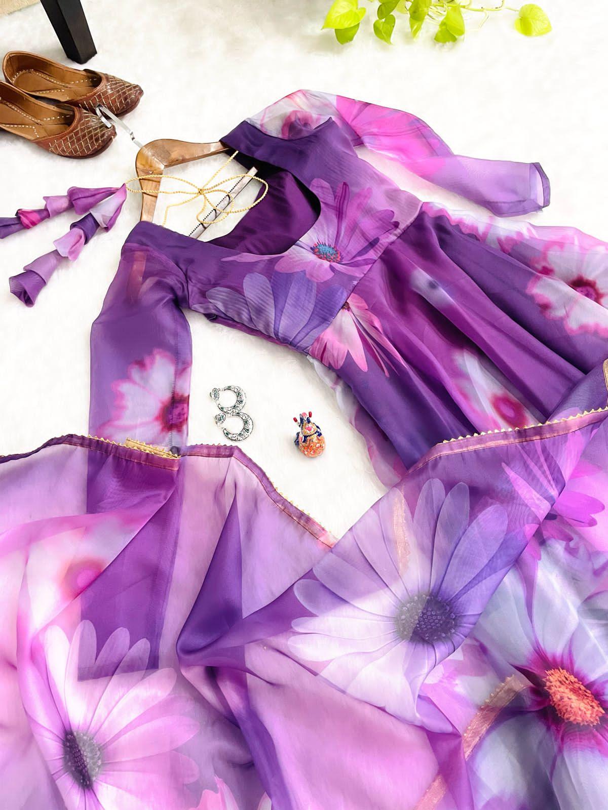 Purple 🌟 Opulent Organza Silk Gown with Digital Print and Handwork 🌟 - Inayakhan Shop 