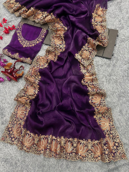 Purple Party Wear Silk Saree Blouse set for Special Occasions - Inayakhan Shop 