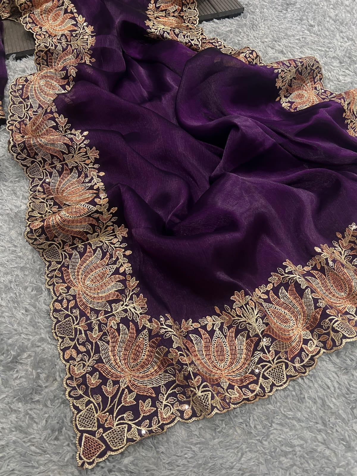 Purple Party Wear Silk Saree Blouse set for Special Occasions - Inayakhan Shop 