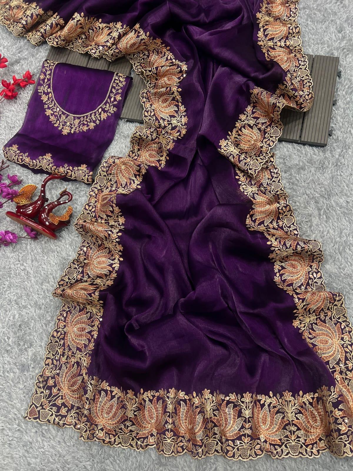 Purple Party Wear Silk Saree Blouse set for Special Occasions - Inayakhan Shop 