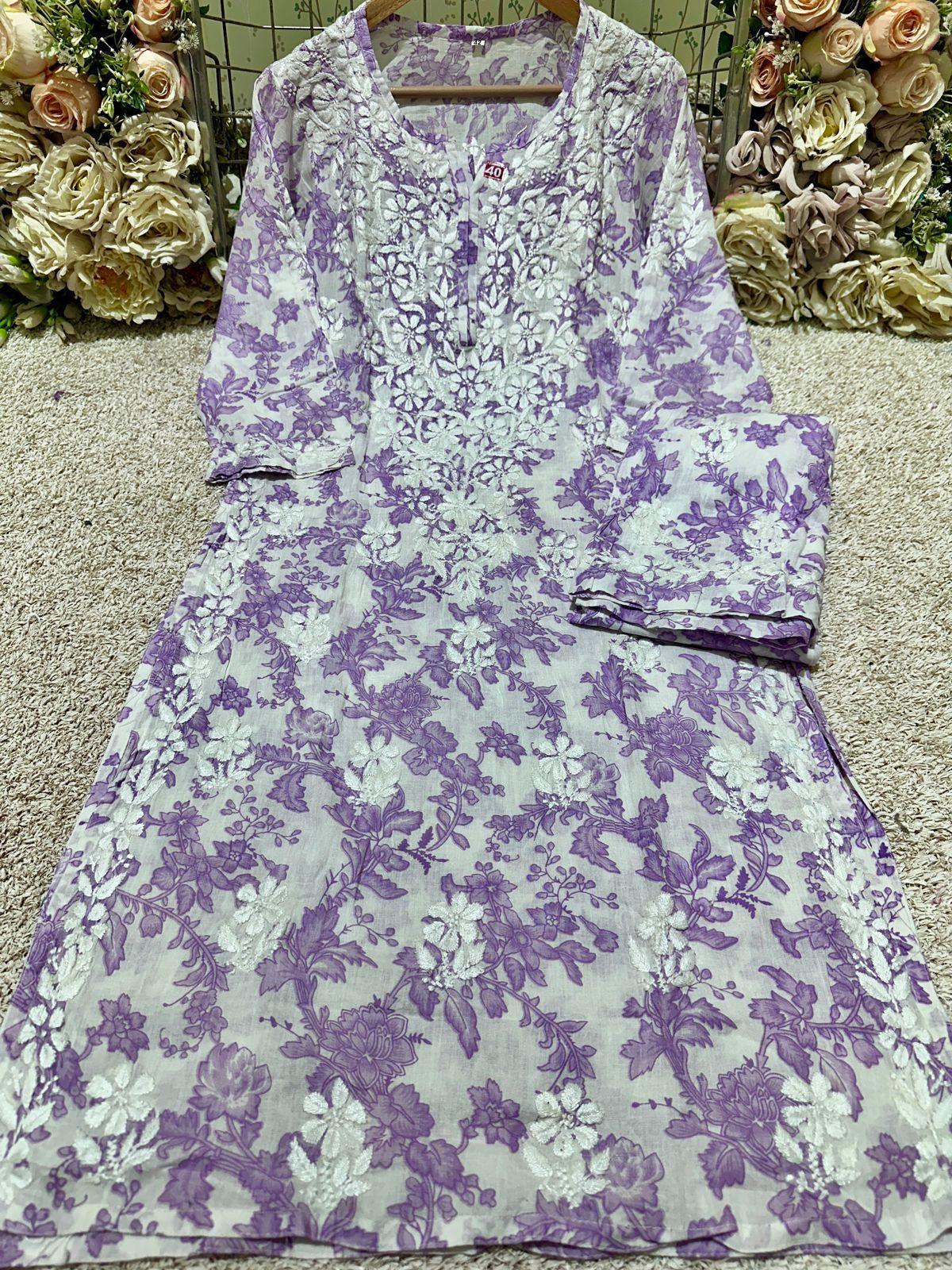 Purple Premium Floral Print Mulmul Palazzo Set with Lucknow Chikankari - Inayakhan Shop 