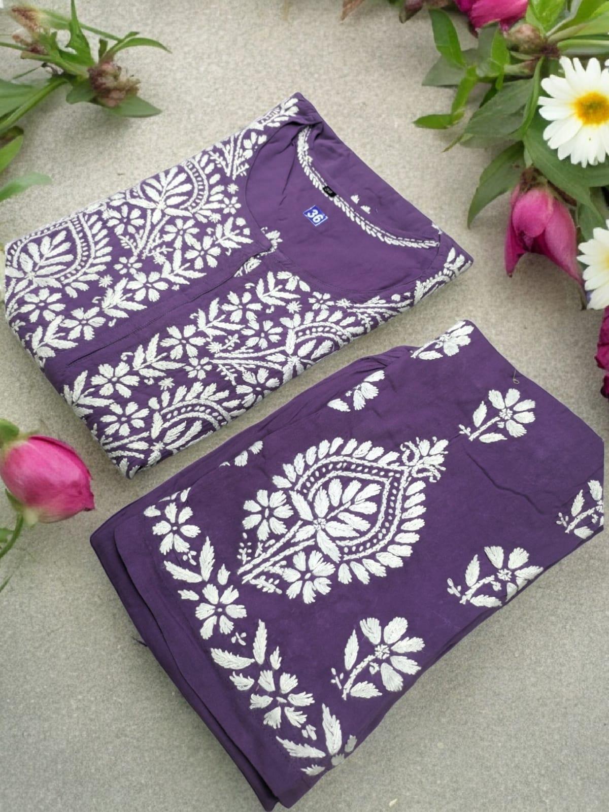 Purple Premium Heavy Work Lucknow Chikankari Modal Kurti Palazzo Set for Summer - Inayakhan Shop 