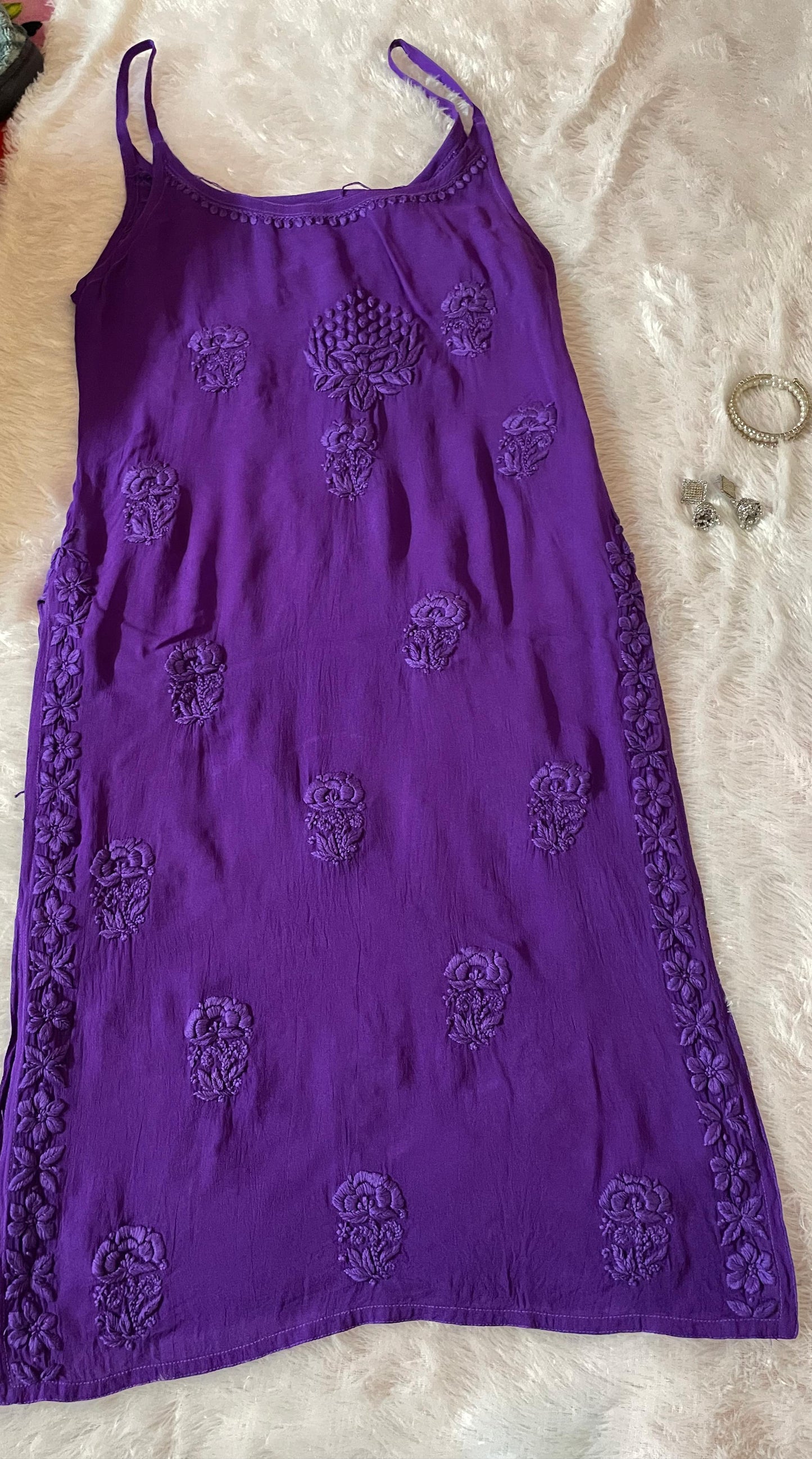 Purple Premium Noodle Strap Viscose Handwork Lucknow Chikankari Kurti - Inayakhan Shop 