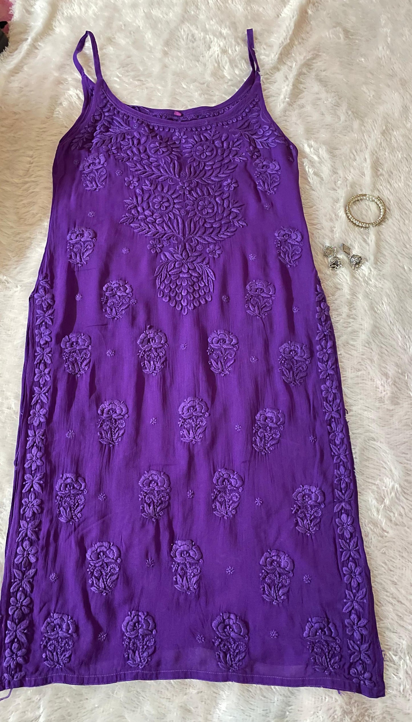 Purple Premium Noodle Strap Viscose Handwork Lucknow Chikankari Kurti - Inayakhan Shop 