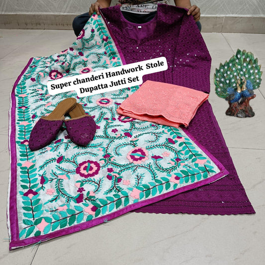 Purple Pure Cambric Cotton Kurti with Beautiful Handwork Stole Dupatta Jutti Set - Inayakhan Shop 