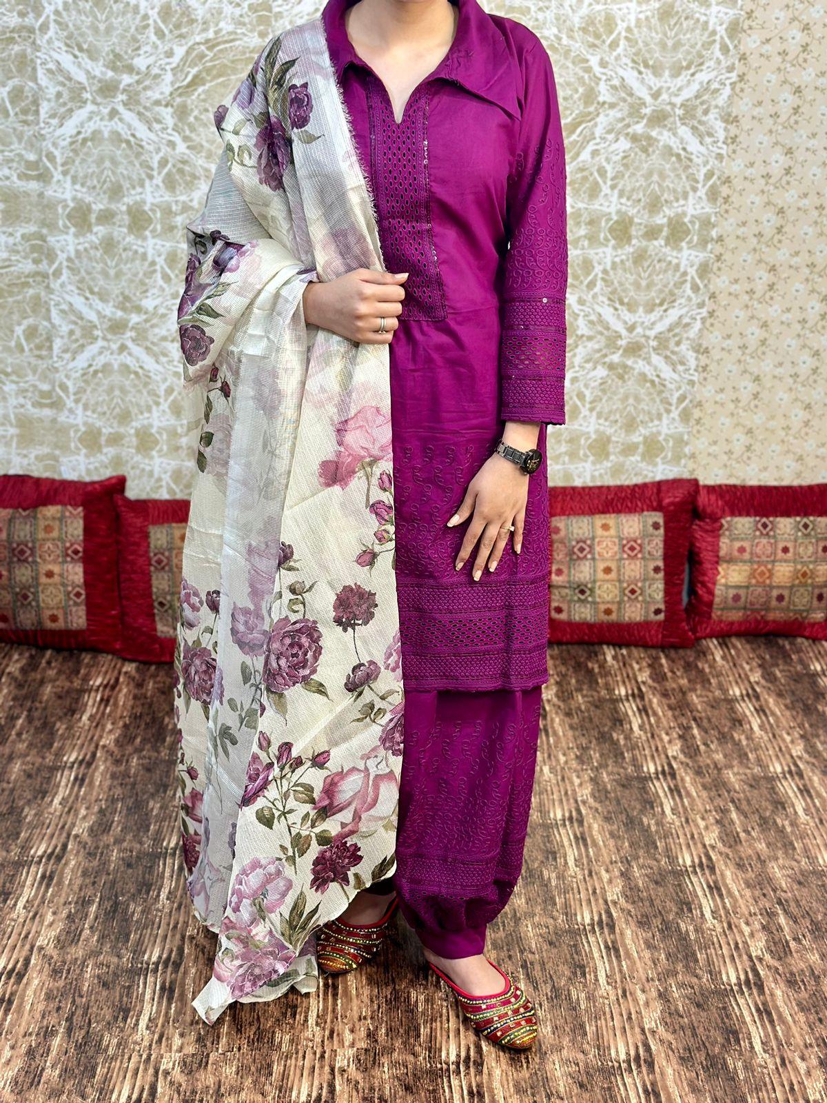 Purple Pure Cotton Afghani Chikan Kurta paired with Digital Printed Dupatta - Inayakhan Shop 