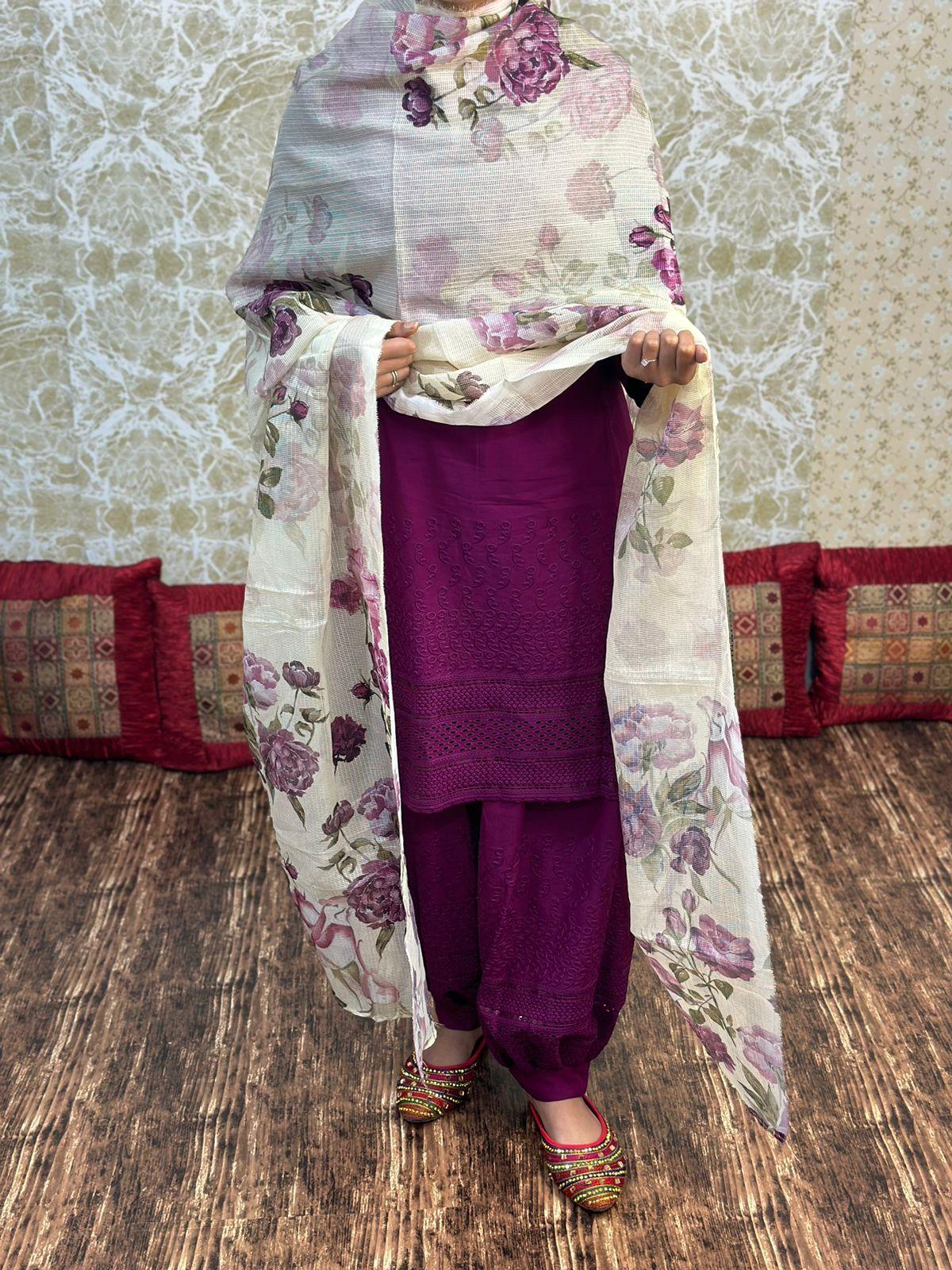 Purple Pure Cotton Afghani Chikan Kurta paired with Digital Printed Dupatta - Inayakhan Shop 