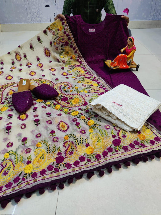 Purple Pure Cotton Phulkari Suit with Beautiful Handmade Mirror Work Shopping Online - Inayakhan Shop 