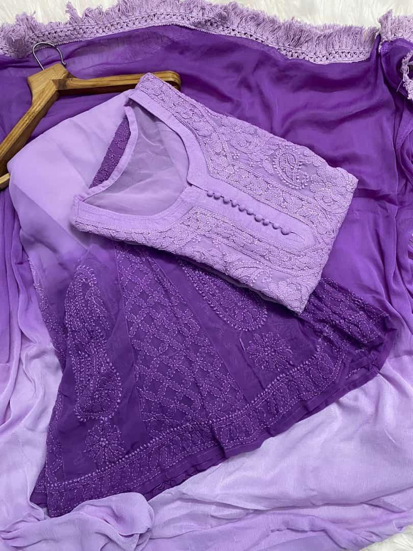 Purple Radiant Reflections Ombré Booti Jaal Chikankari Set (INNER INCLUDED) - Inayakhan Shop 