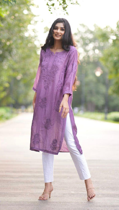 Purple Regal Radiance Chanderi Silk Kurti and Stretchable Pant Set - Inayakhan Shop 