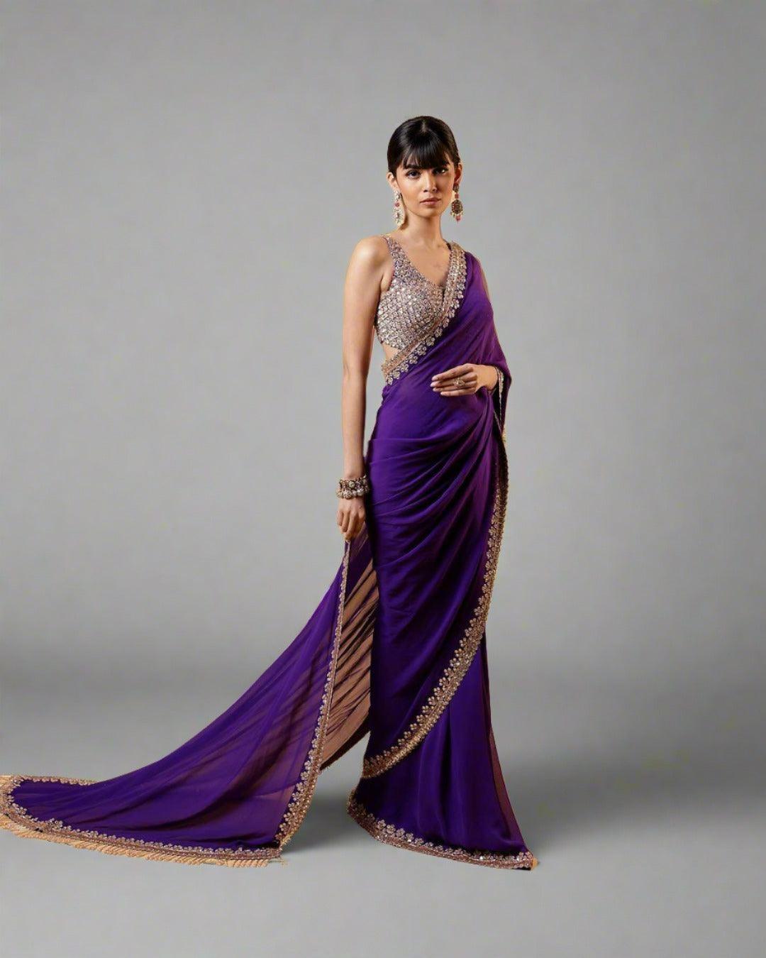 Purple Sequins Bollywood Designer Ready to Wear Saree Blouse - Inayakhan Shop 