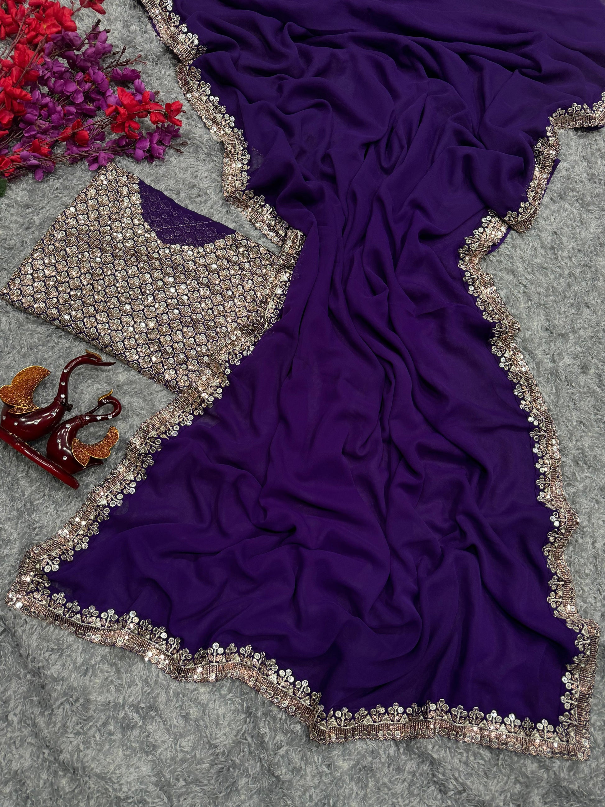 Purple Sequins Bollywood Designer Ready to Wear Saree Blouse - Inayakhan Shop 