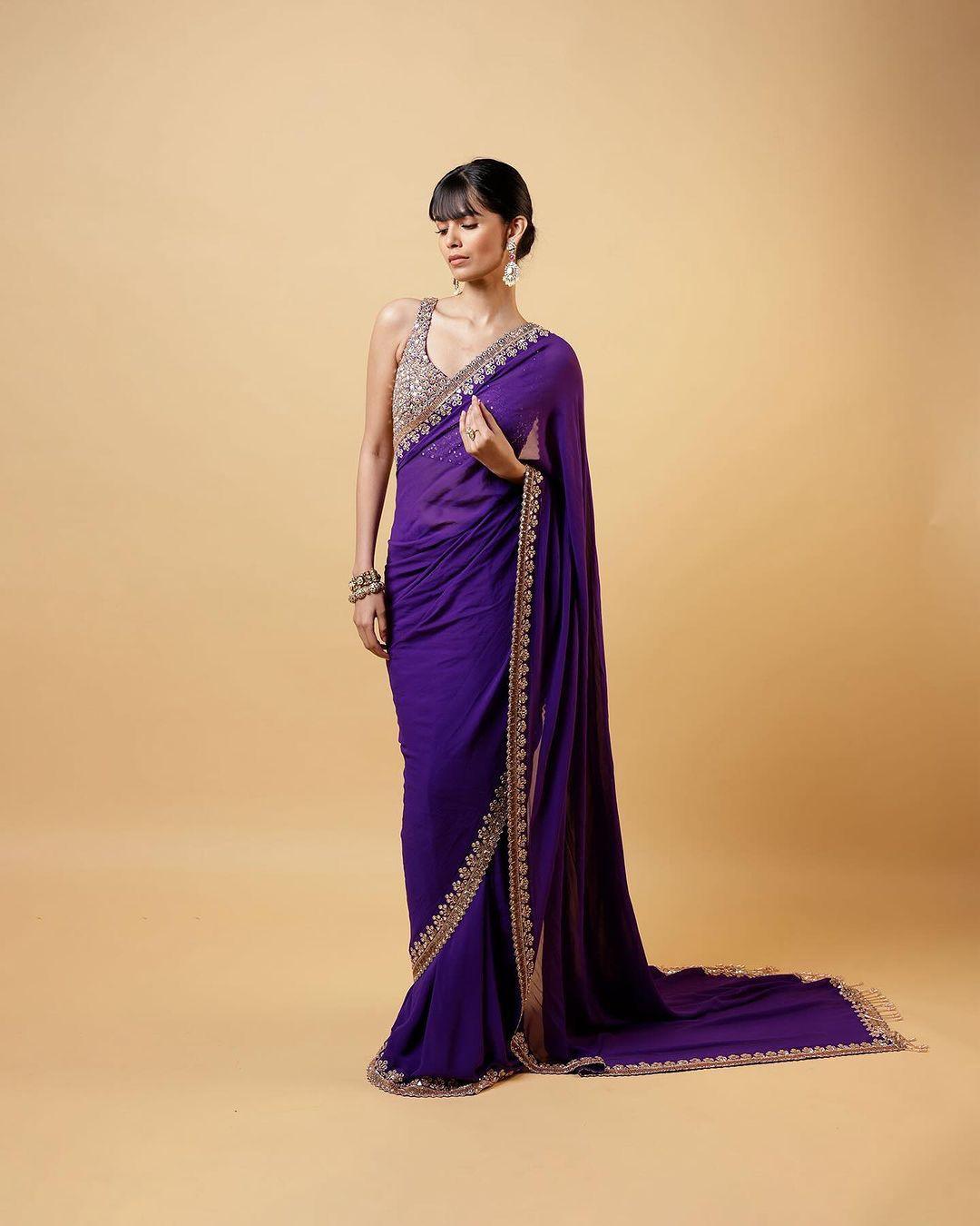 Purple Sequins Bollywood Designer Ready to Wear Saree Blouse - Inayakhan Shop 