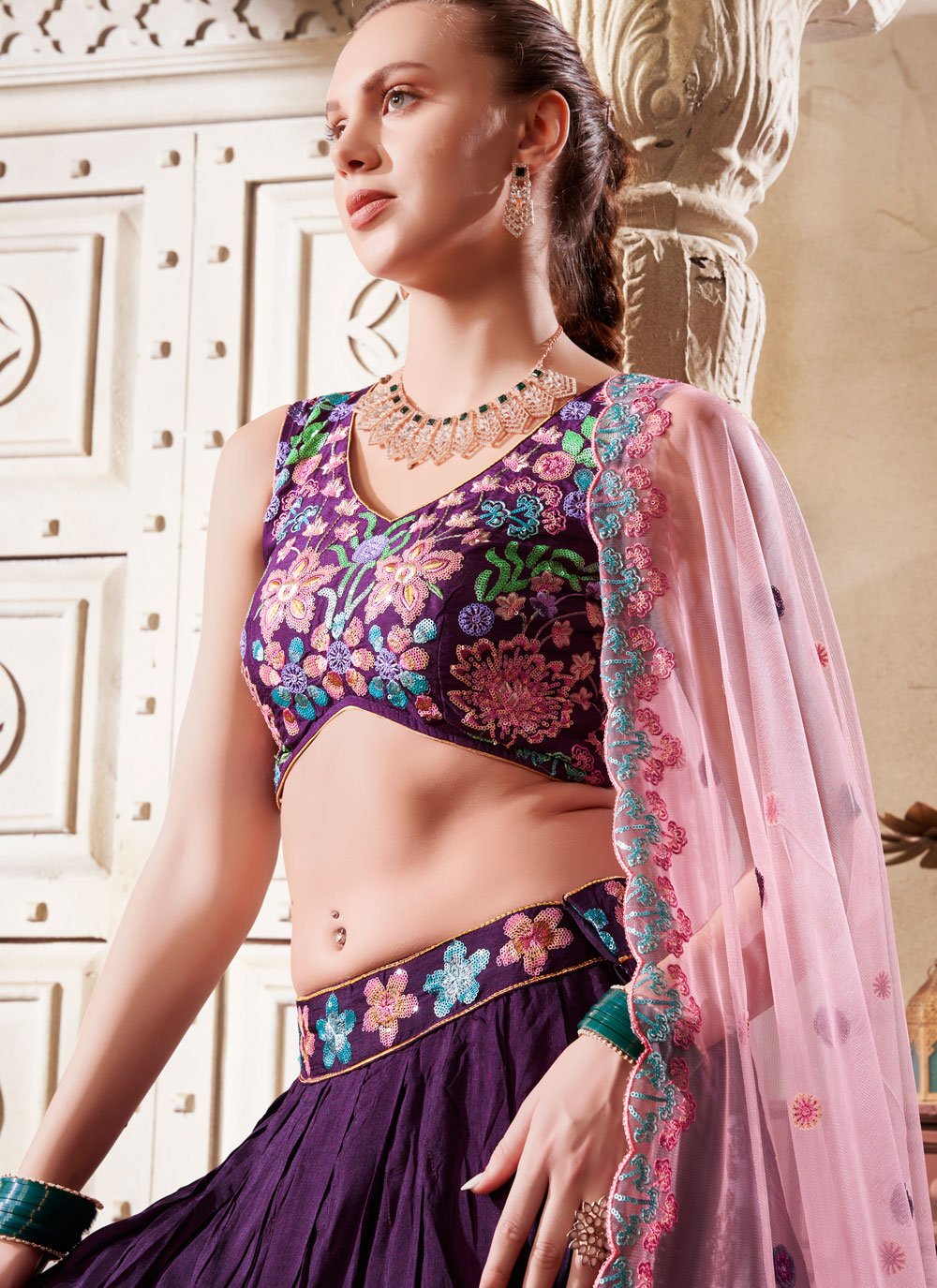 Deep Purple Opulent Silk Wedding Reception Lehenga Choli with Embroidery and Sequins