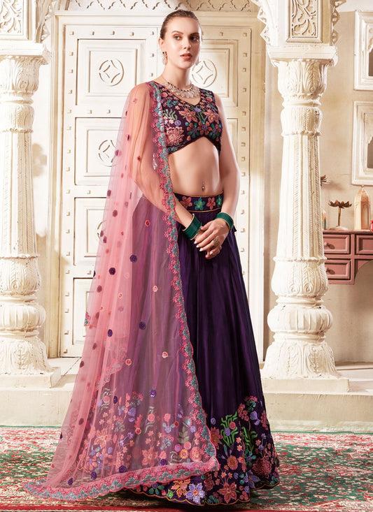 Deep Purple Opulent Silk Wedding Reception Lehenga Choli with Embroidery and Sequins