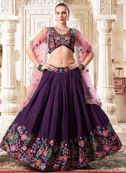 Deep Purple Opulent Silk Wedding Reception Lehenga Choli with Embroidery and Sequins