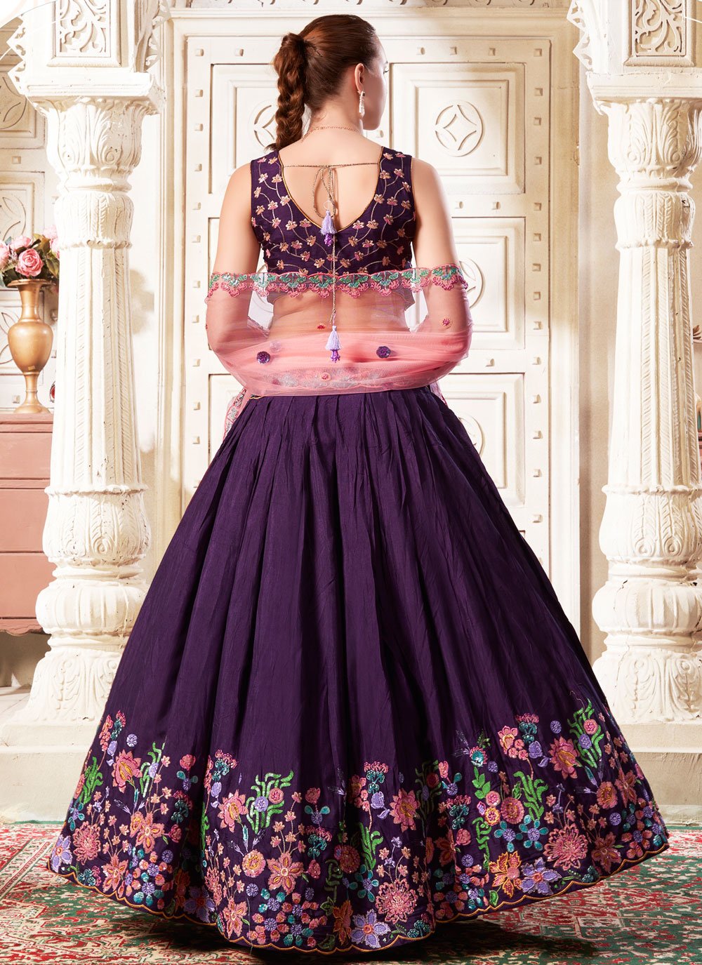 Deep Purple Opulent Silk Wedding Reception Lehenga Choli with Embroidery and Sequins