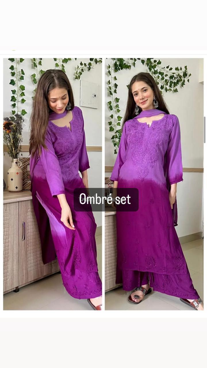 Purple Wine Ombré Rayon Tone-to-Tone Dyeable Kurti + Palazzo Set - Inayakhan Shop 