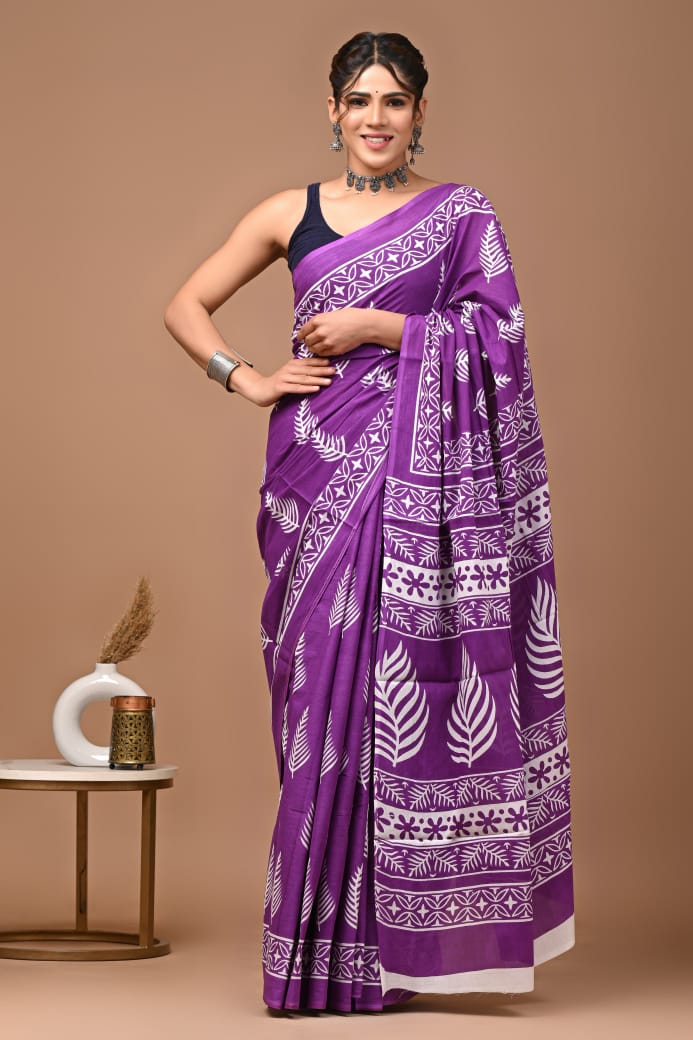 Classic Purple Ajrakh Cotton Mul Handblock Print Saree with Ready-to-Wear Blouse Set