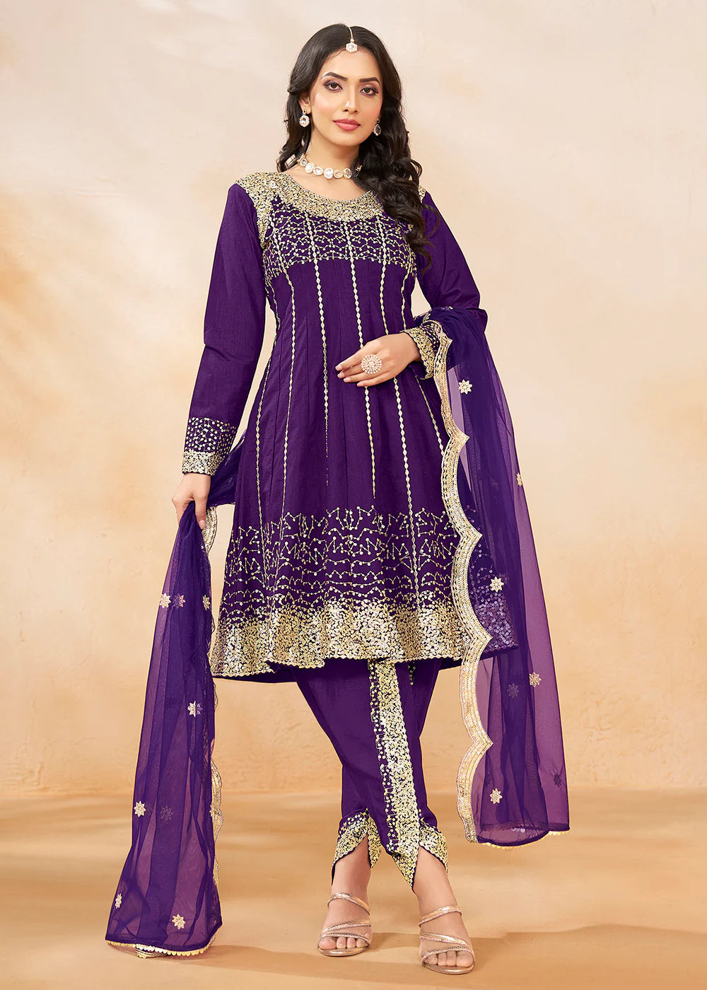 Purple Dhoti Style Punjabi Salwar Suit with Zari & Sequins Embroidery