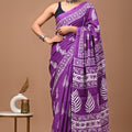 Classic Purple Ajrakh Cotton Mul Handblock Print Saree with Ready-to-Wear Blouse Set