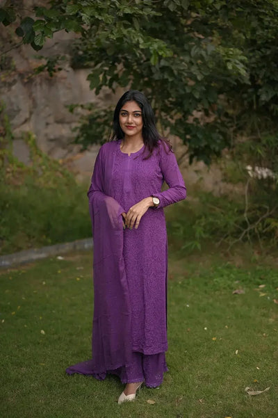 Purple Elegant Viscose Lucknow Chikankari Handwork Ensemble (New)