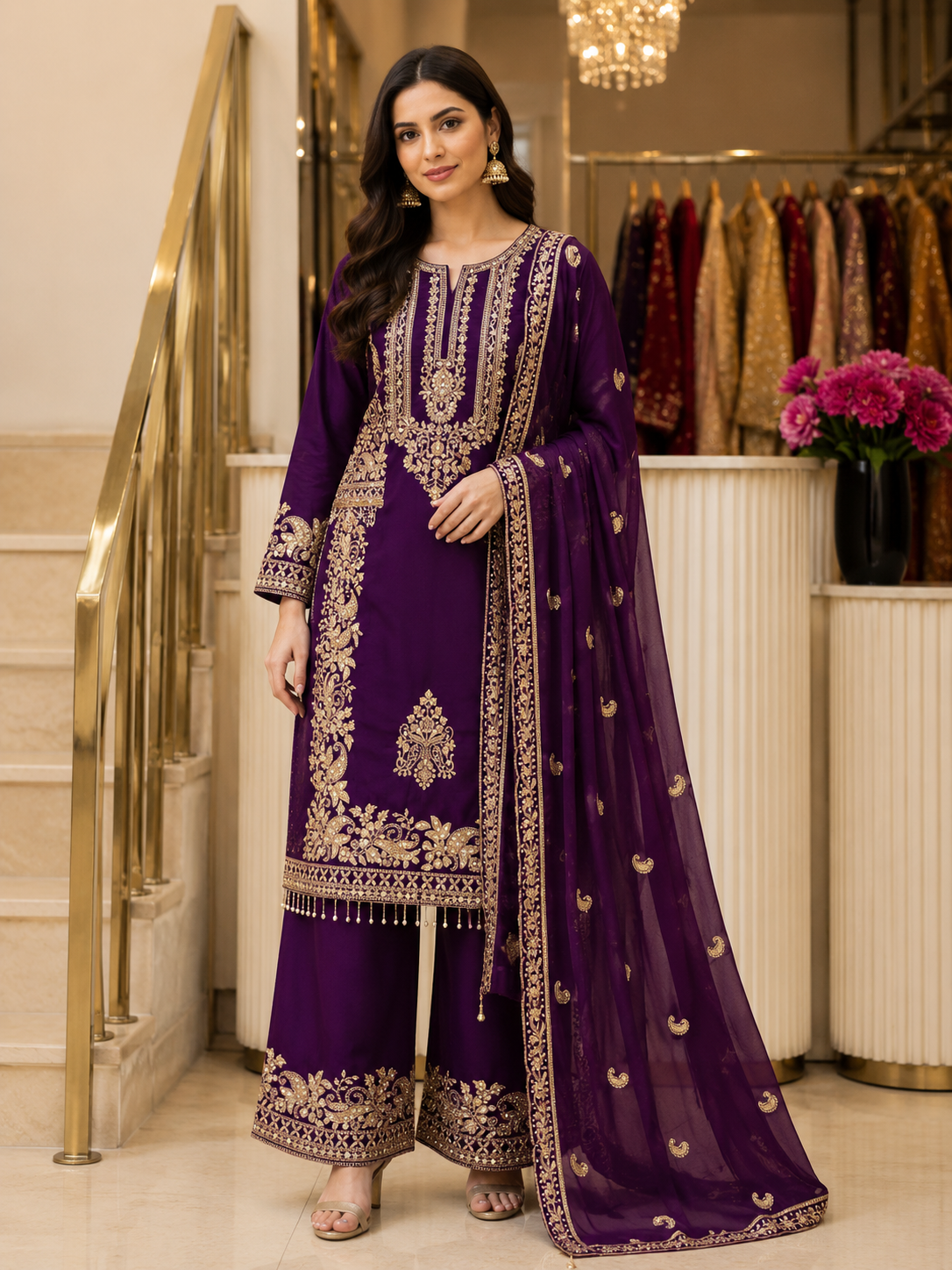 Purple Heavy Faux Georgette Embroidered Sequin Top Palazzo Dupatta Set