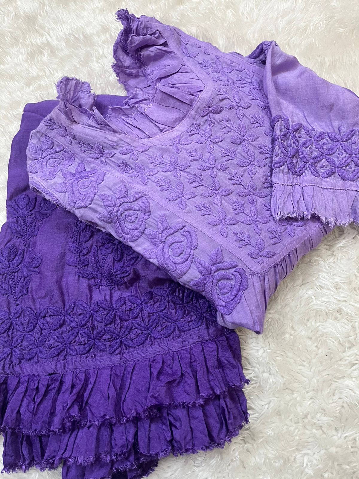 Purple Super Soft Pure Muslin Lucknow Chikankari Gown with Lycra Pants