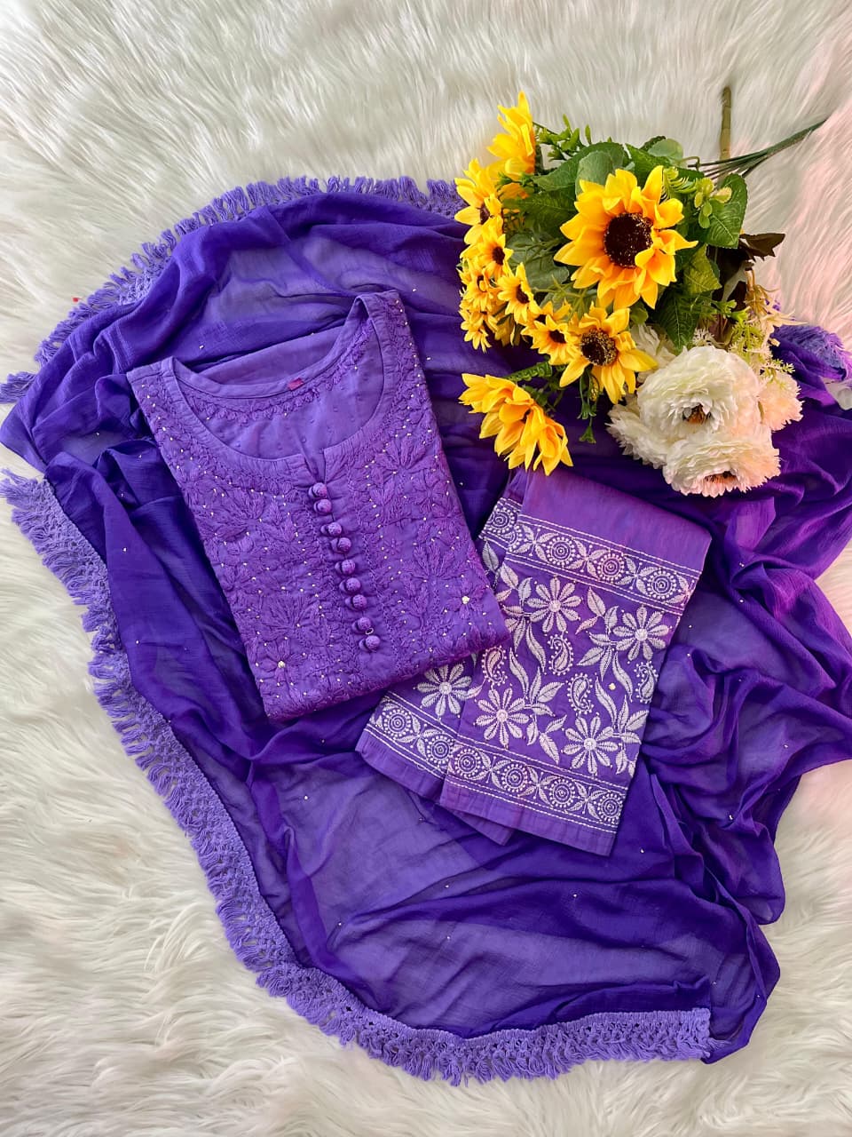 Purple Lucknowi Chikankari Dobby Cotton Kurti Set with Mukaish Work