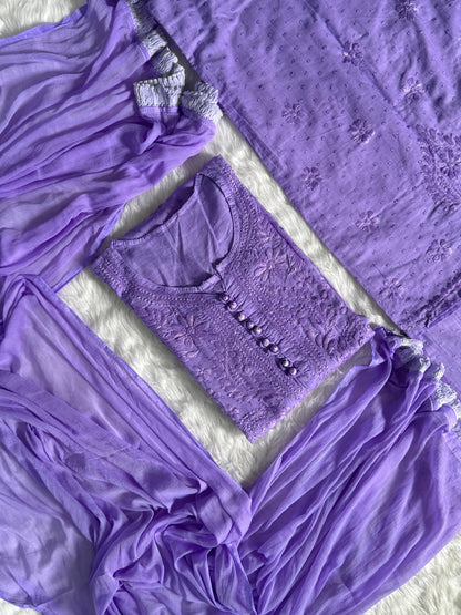 Purple Most Demanded Lucknow Chikankari Dobby Cotton Palazzo 3-Piece Set (Plus Sizes)