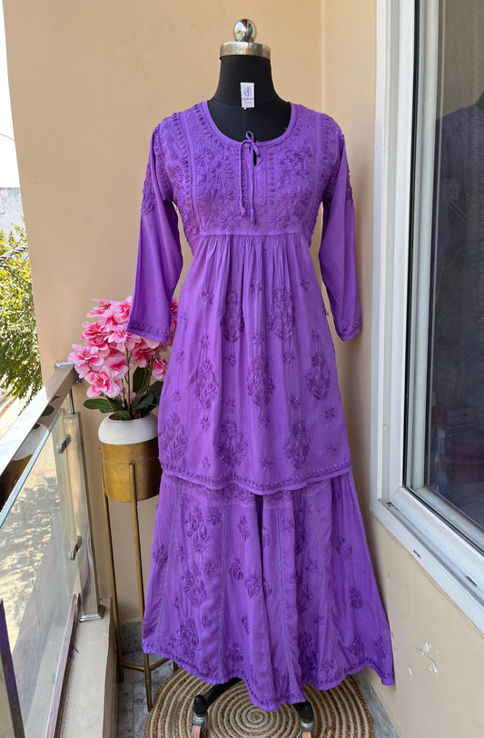 Purple Premium Modal Silk Chikankari Kurti and Gharara Set Limited Stock
