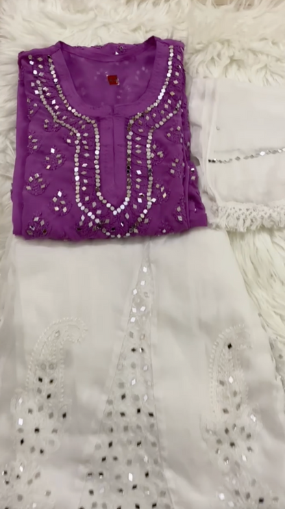 Purple White Chikankari Elegance Ombré Mirror Booti Jaal Set - Kurti, Sharara & Dupatta