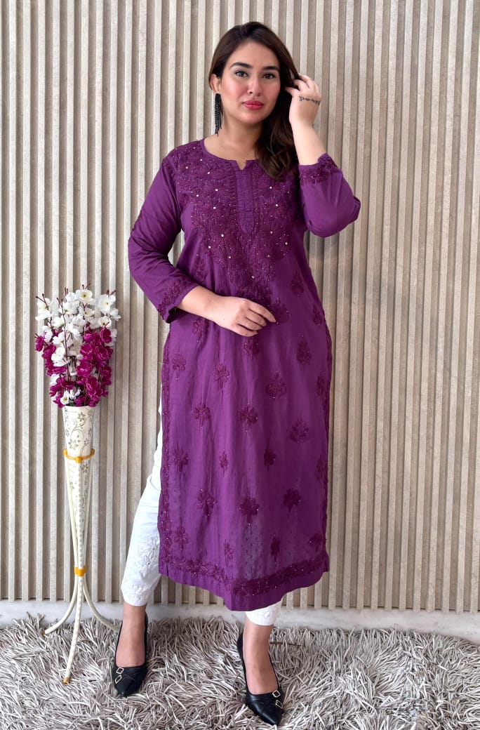 Purple Exquisite Lucknow Chikankari Mukesh Work Kurti Set