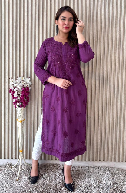 Purple Exquisite Lucknow Chikankari Mukesh Work Kurti Set