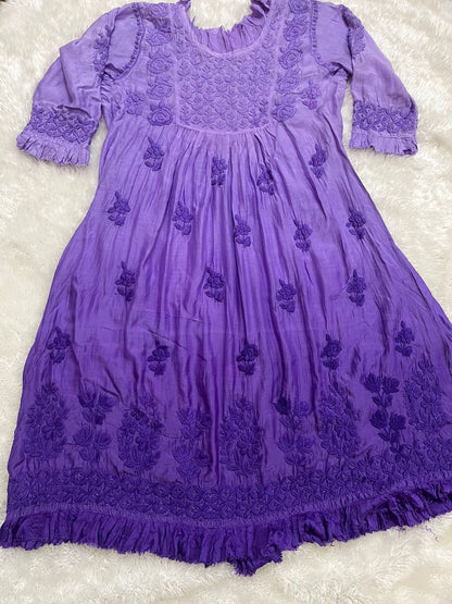 Purple Super Soft Pure Muslin Lucknow Chikankari Gown with Lycra Pants