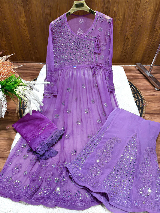 Purple Lucknowi Chikankari Georgette Mirror Work Angrakha Gown with Sharara & Dupatta Set