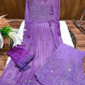 Purple Lucknowi Chikankari Georgette Mirror Work Angrakha Gown with Sharara & Dupatta Set