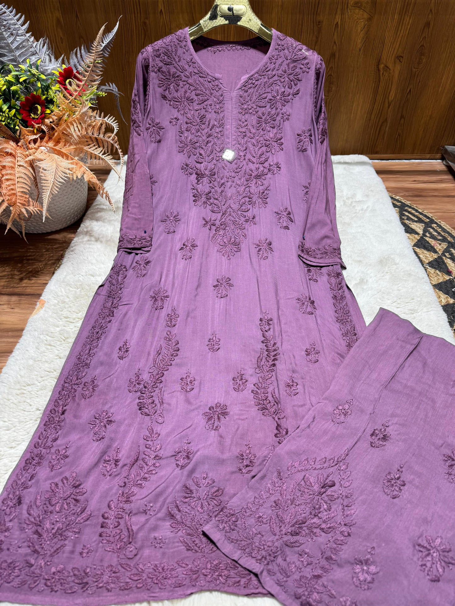 Purple Plus Size Lucknow Chikankari Modal Kurti with Palazzo Set