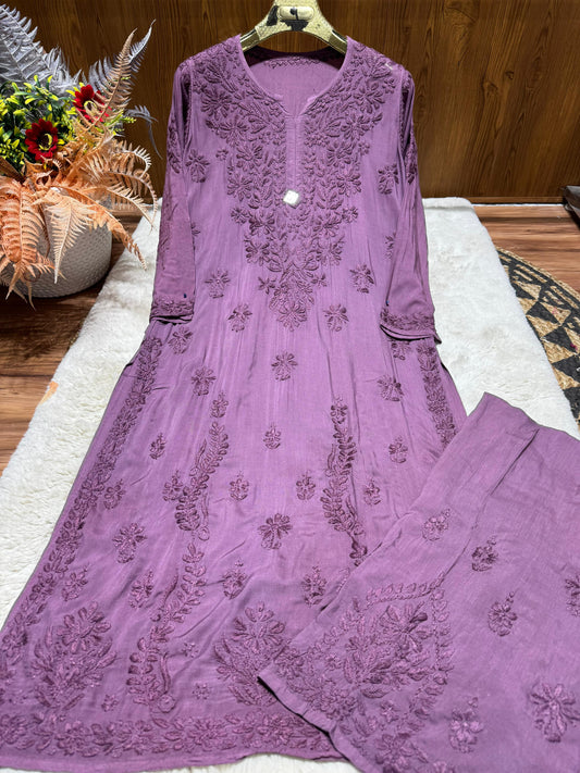 Purple Plus Size Lucknow Chikankari Modal Kurti with Palazzo Set
