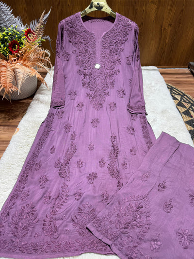 Purple Plus Size Lucknow Chikankari Modal Kurti with Palazzo Set