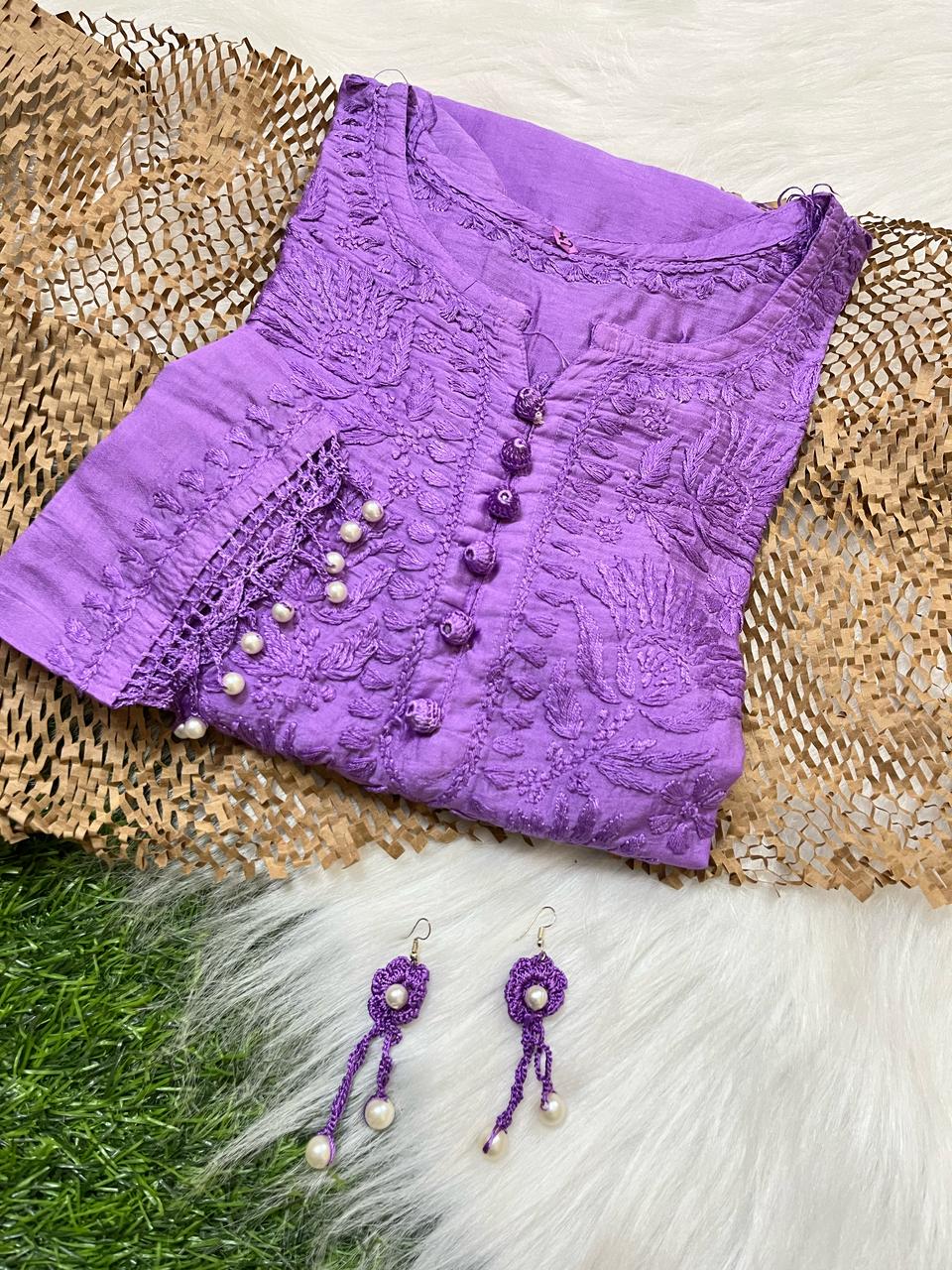 Purple Elegant Chanderi Kurti with Quraishiya & Moti Work – Matching Handmade Earrings & lycra Pant