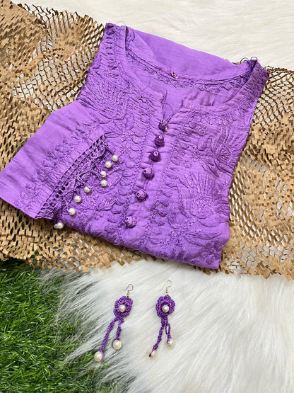 Purple Elegant Chanderi Kurti with Quraishiya & Moti Work – Matching Handmade Earrings & lycra Pant